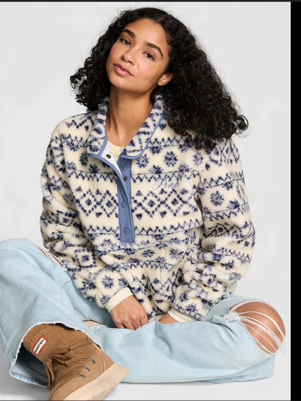 VS PINK Jacket Womens Size‎ XL Blue Sherpa Fair Isle Plush Teddy Snap Pullover